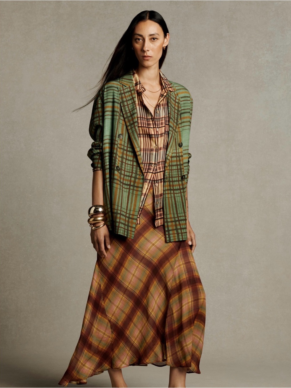 NWT Zara ZW Collection Flowy Check Blazer Green & Brown S